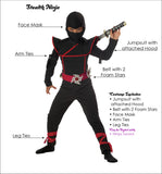 Kids Stealth Ninja Costume – Black Hooded Jumpsuit with Red Trim & Foam Armor Pads (Size Small 6–8)