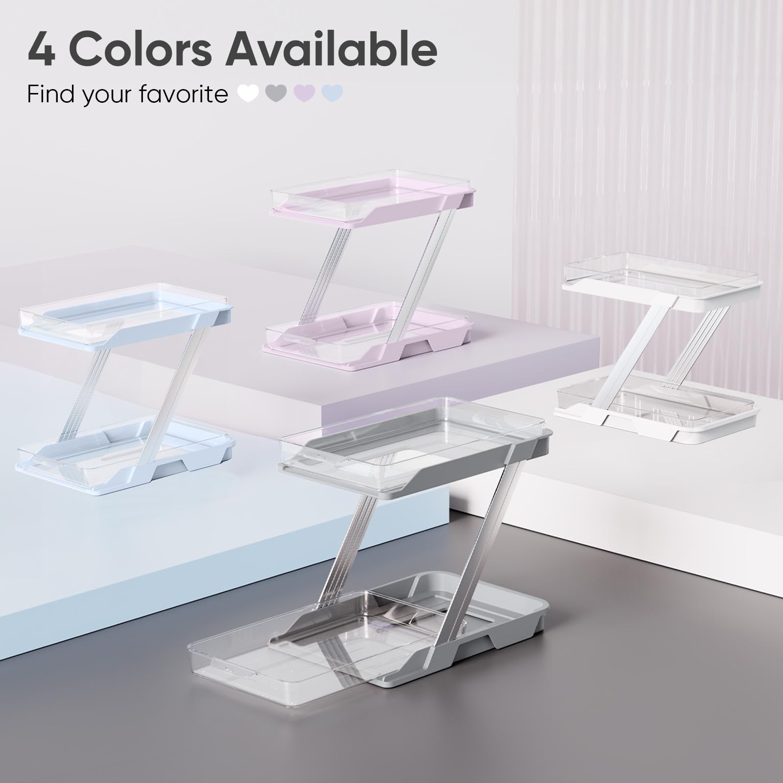 AUGBEAN Pink 2-Tier Clear Pull-Out Organizer Set – Z-Shaped Multi-Purpose Storage for Bathroom, Vanity & Countertop (3 Pack)