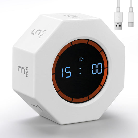Kaflin Small Rechargeable Pomodoro Timer with Gravity Sensor, 7 Preset Times & Count-Up Mode, Compact Digital Timer for Work, Study & Kitchen – Pearl White
