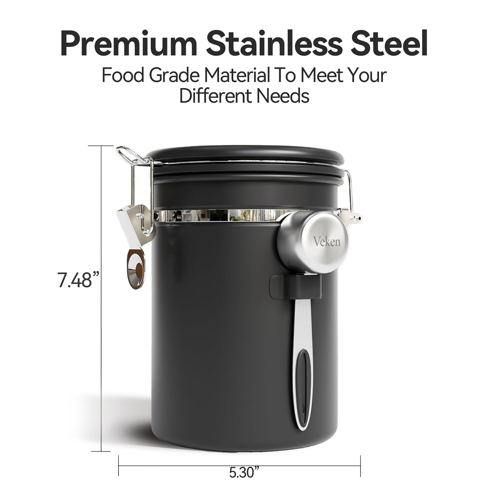 Stainless Steel Coffee Canister with Date Tracker & CO₂ Valve – Airtight Coffee Bean Storage with Scoop (Black)