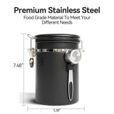 Stainless Steel Coffee Canister with Date Tracker & CO₂ Valve – Airtight Coffee Bean Storage with Scoop (Black)