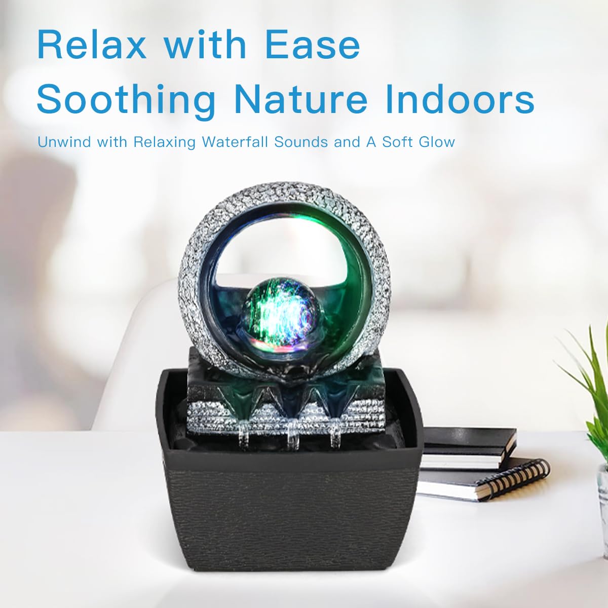 LED Rolling Ball Tabletop Water Fountain – Adjustable 3-Level Indoor Zen Decor (Painted Resin)