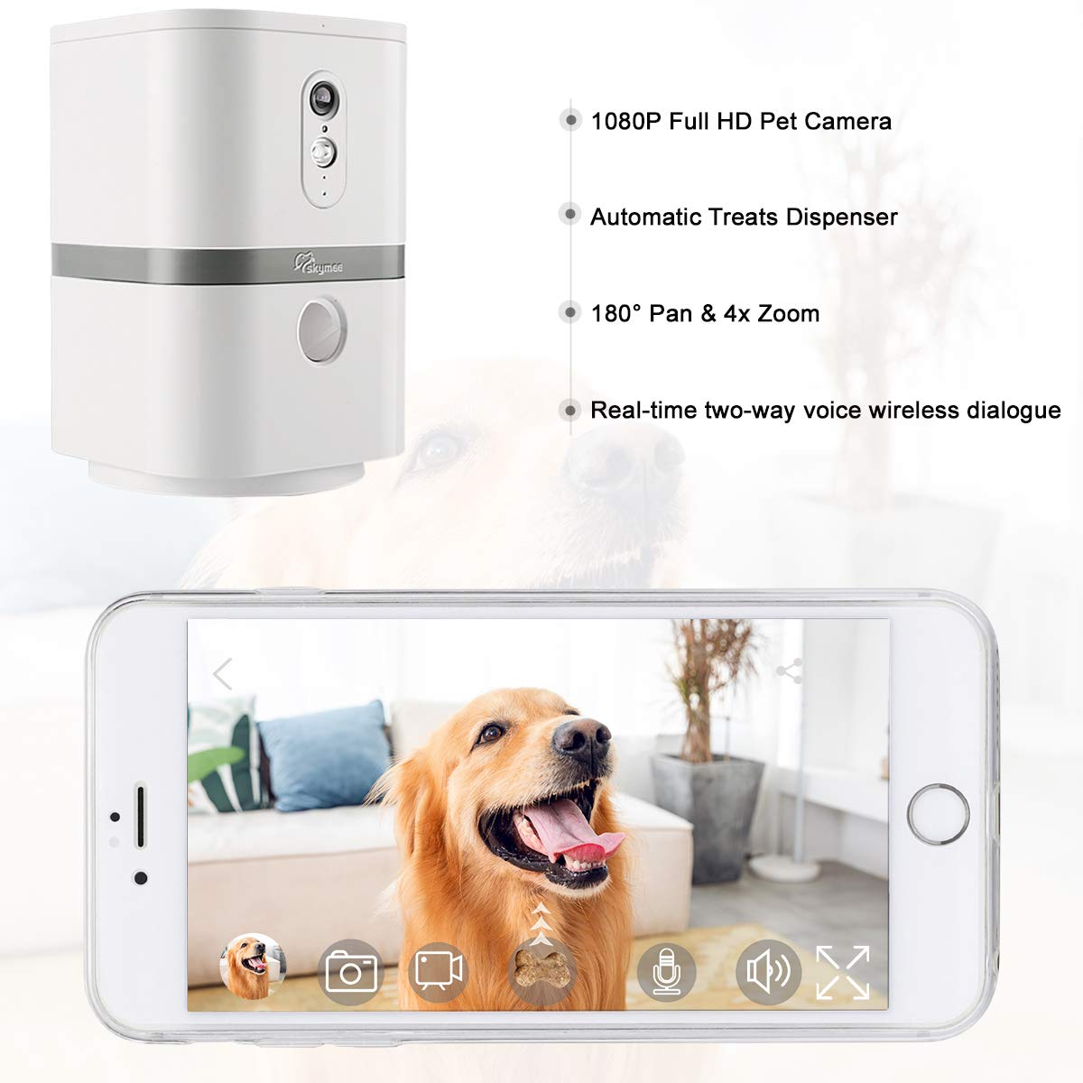 SKYMEE Smart Pet Camera with Treat Dispenser, 1080P HD & 2-Way Audio – WiFi Dog Monitor (White)