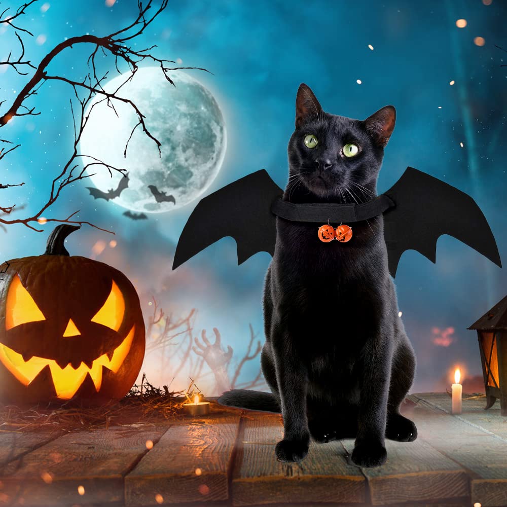 Halloween Bat Wings Costume with Pumpkin Bell for Cats and Small Dogs – Adjustable Pet Harness Outfit