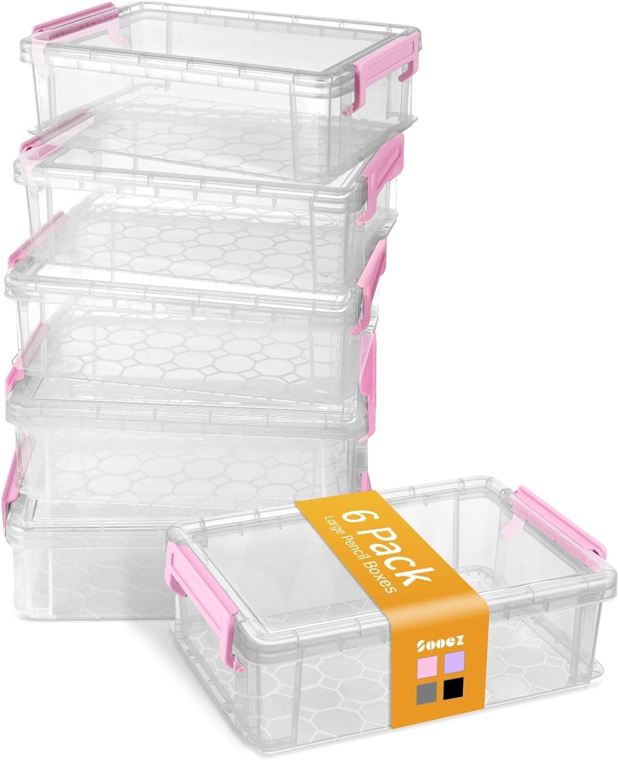 Sooez 6 Pack Extra Large Pencil Box, Plastic Hard Pencil Case Crayon Box Bulk, Clear Marker Organizer Plastic Containers with Lid, Stackable Storage Boxes for Art Craft, Back to School Supplies, Multi