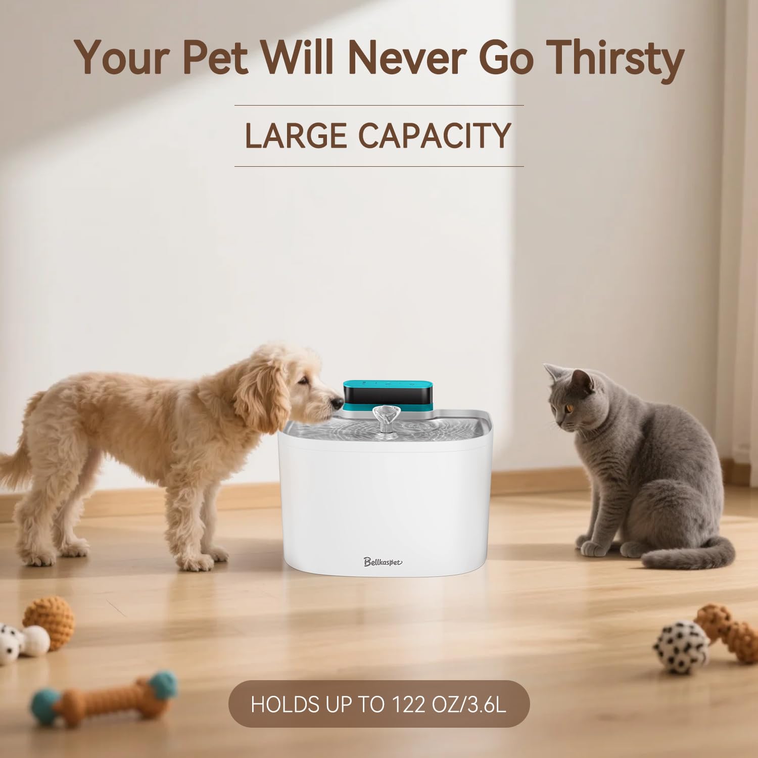 Bellkaspet M1 Pro Smart Wireless Cat Water Fountain with App Monitoring, Motion Sensor & 10,000mAh Battery – Stainless Steel, White