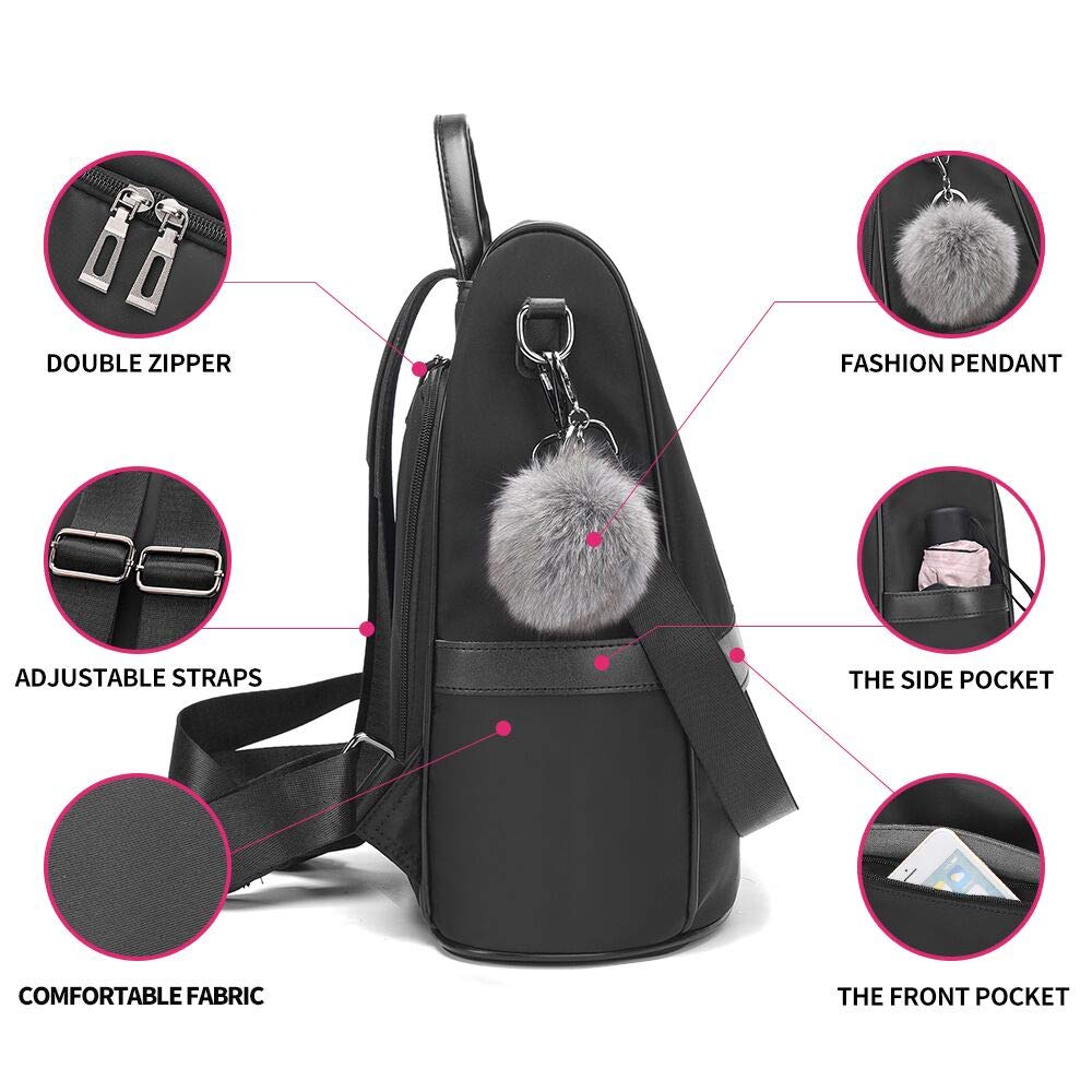 CHERUTY Women’s Anti-Theft Nylon Backpack Purse – Lightweight Fashion Travel Backpack with Rear Zipper Design (Black)