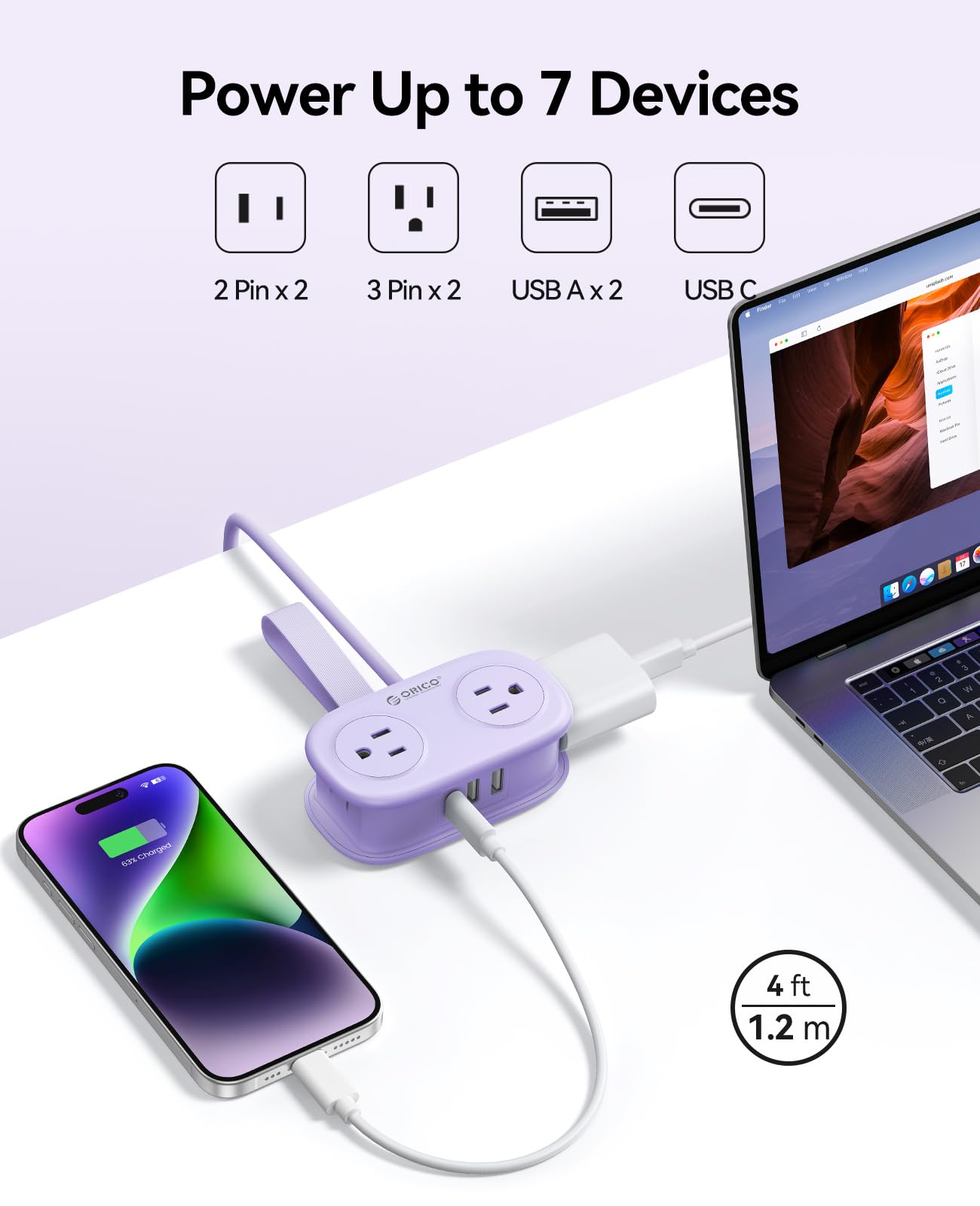 7-in-1 Travel Power Strip with USB-C – Portable Extension Cord with 4 AC Outlets & Flat Plug