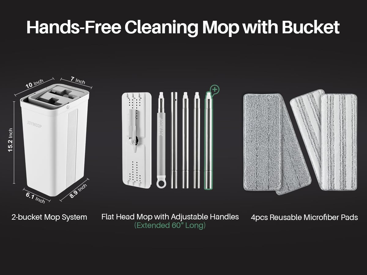 JOYMOOP 2-Tank Flat Mop & Bucket Set with Wringer – Hands-Free Microfiber Floor & Wall Cleaning System