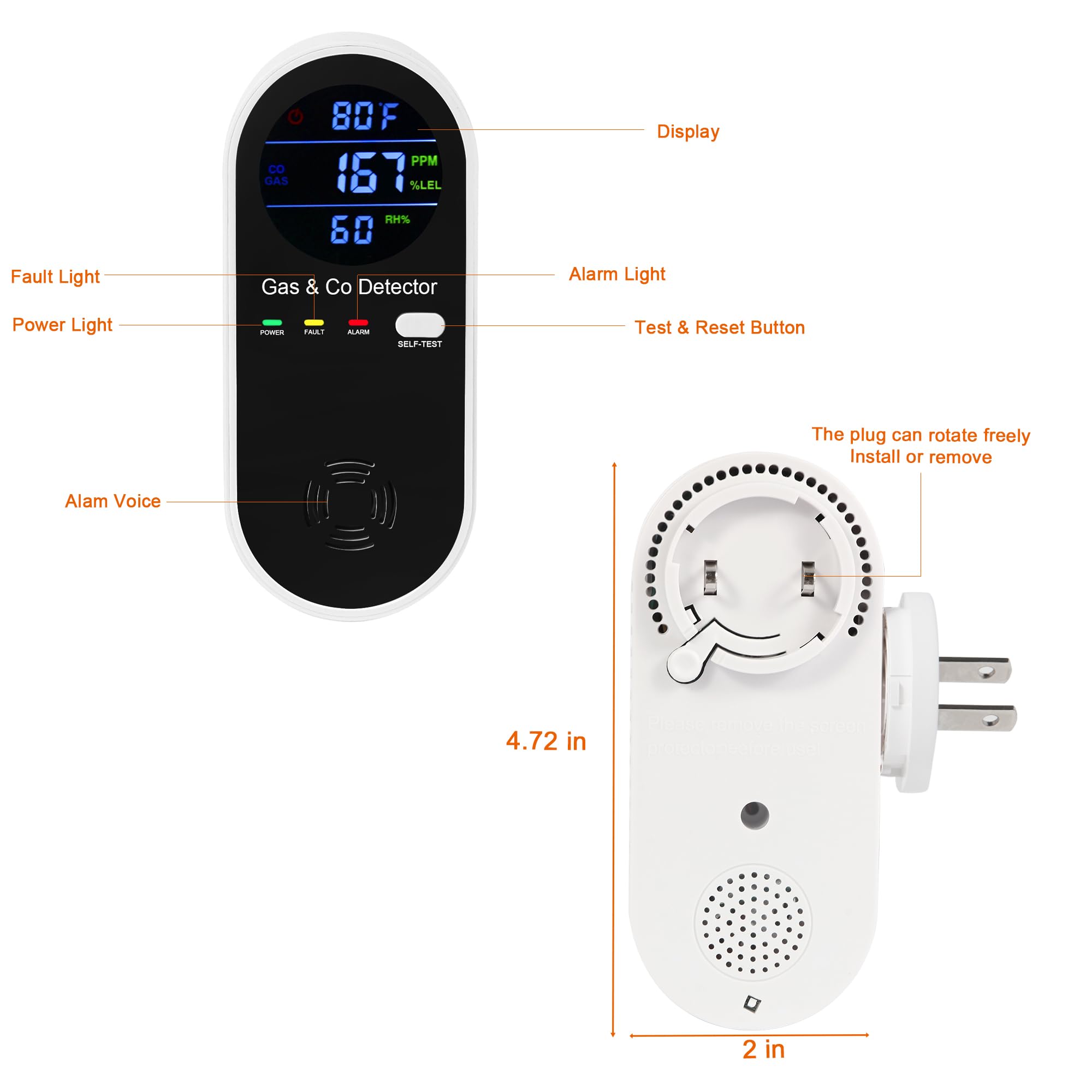 4-in-1 Plug-In Gas & Carbon Monoxide Detector – Natural Gas, CO, Temperature & Humidity Alarm