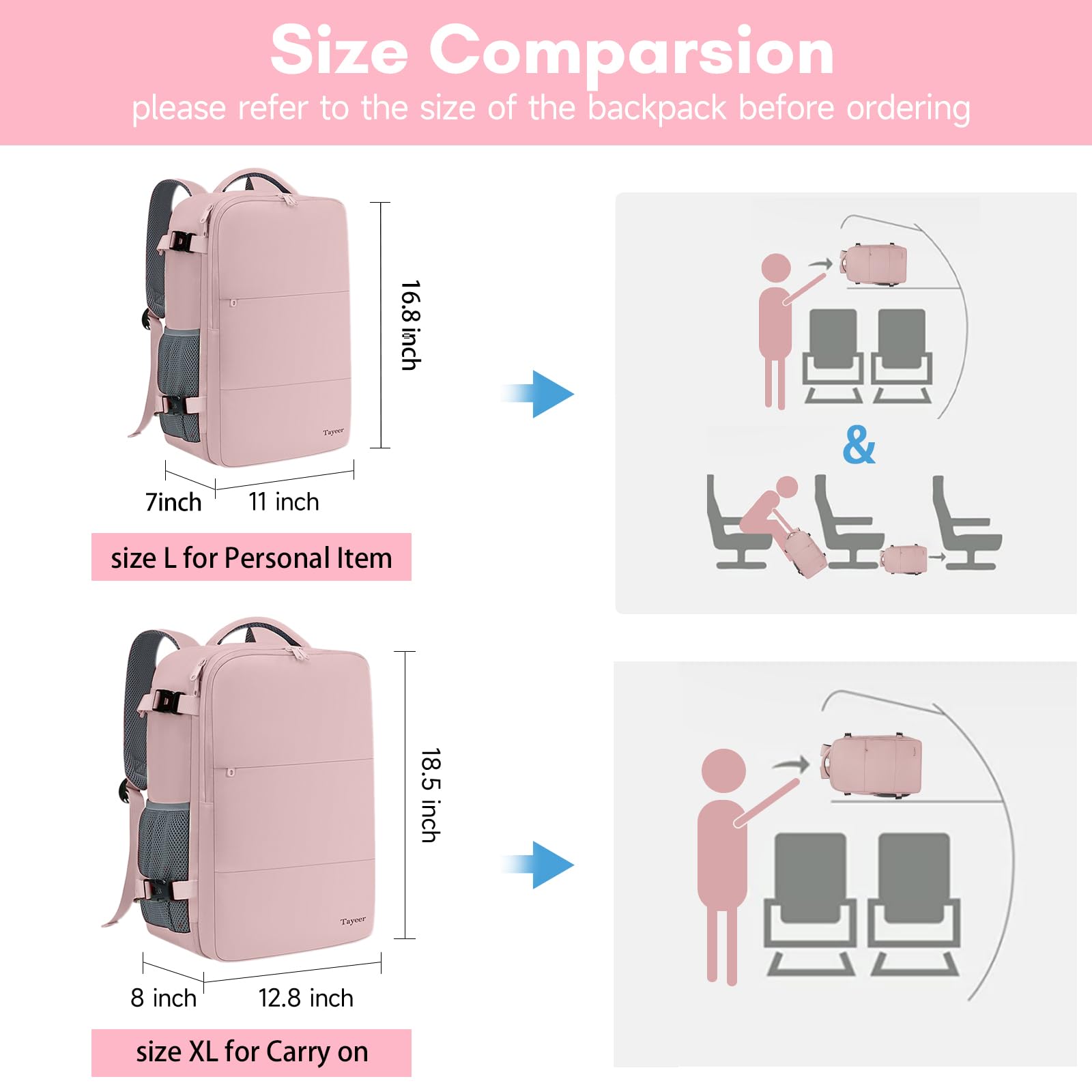 TAYGEER Women’s Carry-On Travel Backpack with USB Port & Shoe Compartment – TSA Approved – Amour Pink