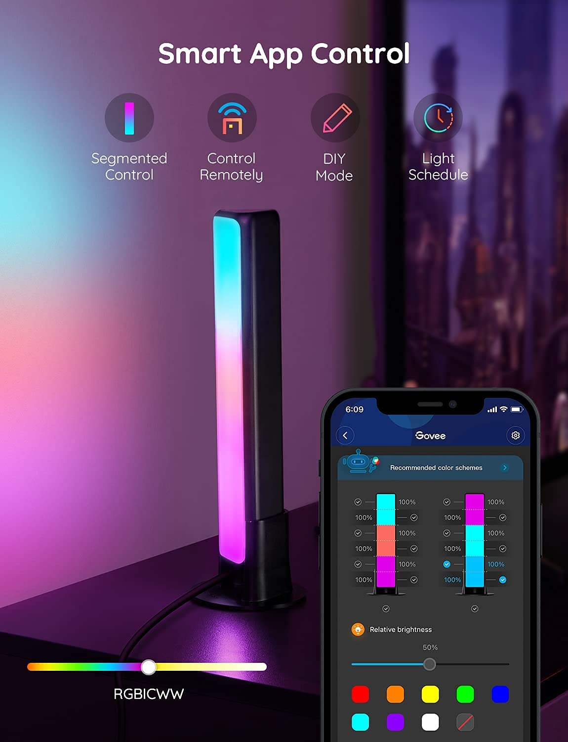 RGBICWW Gaming Light Bars with Music Sync, Alexa Control & App Customization – Black (For Monitors <45”)