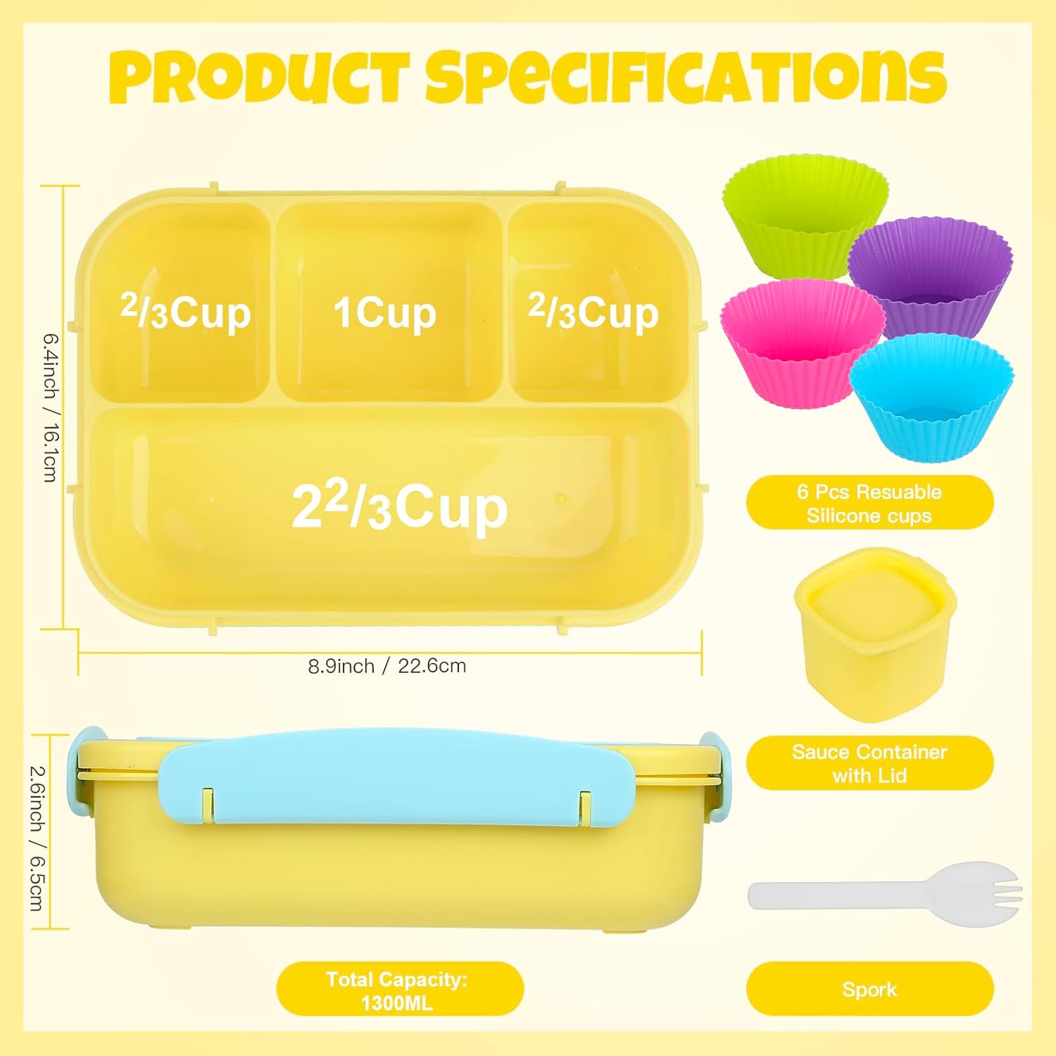 Yellow 1300 ml Bento Box with Dip Cup and Spork