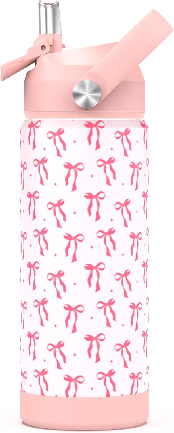 Girls Bow Water Bottle for School，Kids 18 oz Insulated Stainless Steel Cup with Straw, Double-Wall Vacuum Leakproof