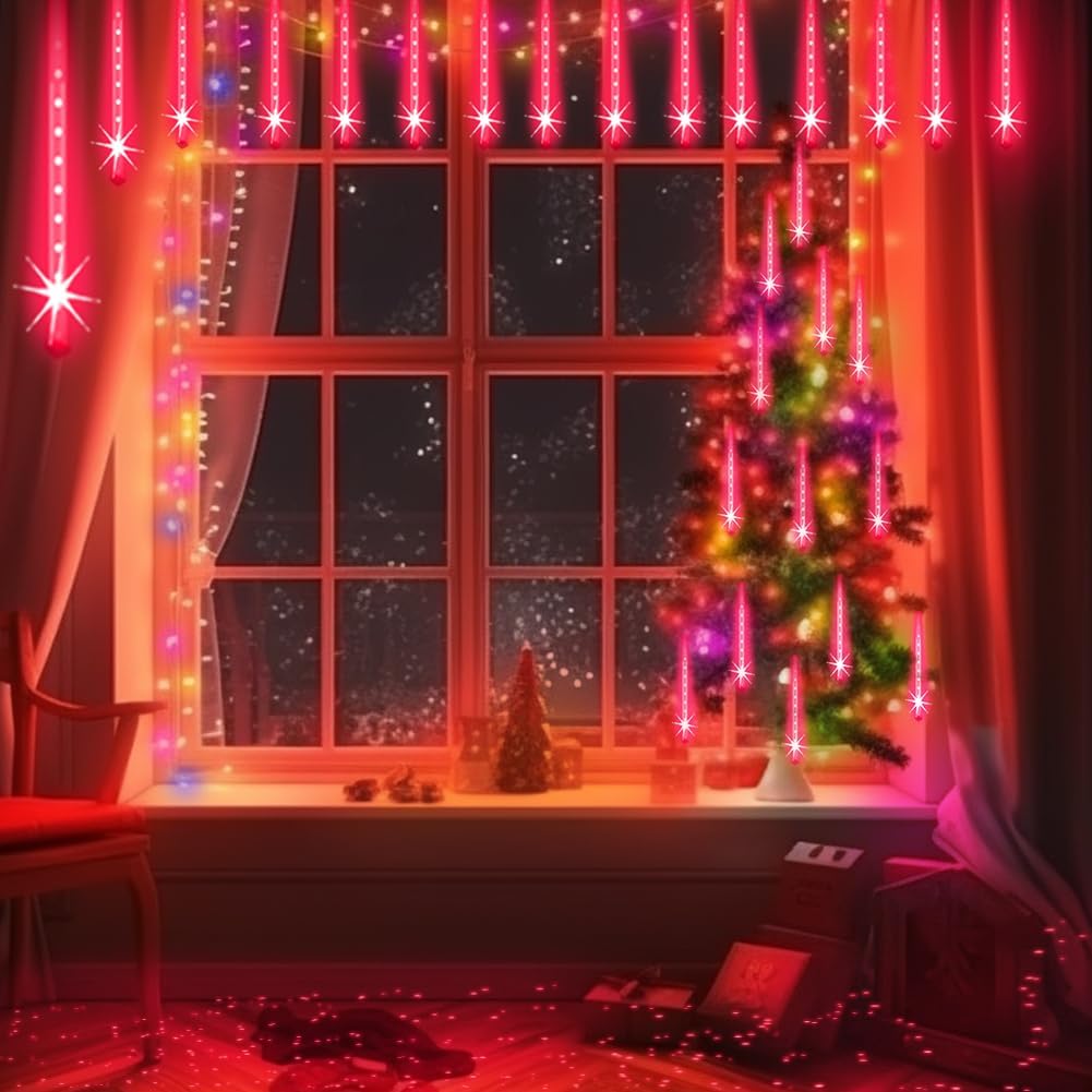 Red LED Meteor Shower Lights – 192 LEDs, 8 Tubes, Waterproof Cascading Icicle Lights for Halloween & Christmas