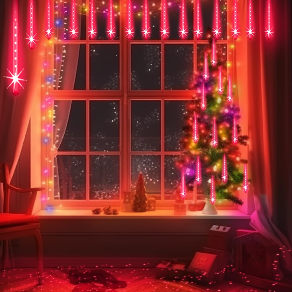 Red LED Meteor Shower Lights – 192 LEDs, 8 Tubes, Waterproof Cascading Icicle Lights for Halloween & Christmas