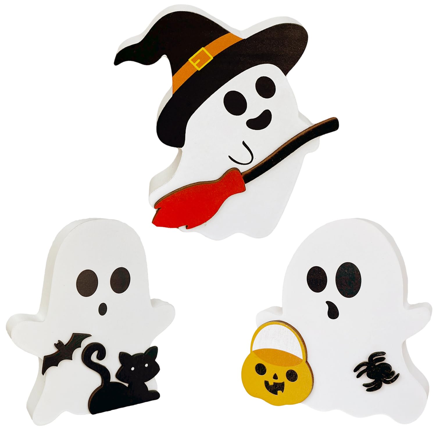 Wooden Ghost Figurines Set – Hand-Painted White Halloween Tabletop Decor for Home, Shelf & Party Display