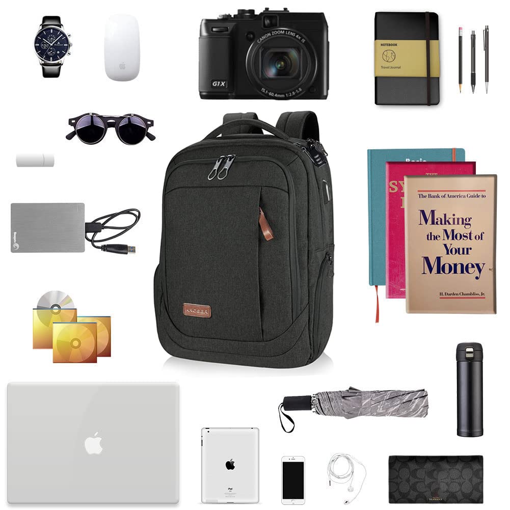 KROSER 17.3″ Large Laptop Backpack with USB Charging Port – Water-Repellent Travel & Business Backpack for Men & Women (Charcoal Black)