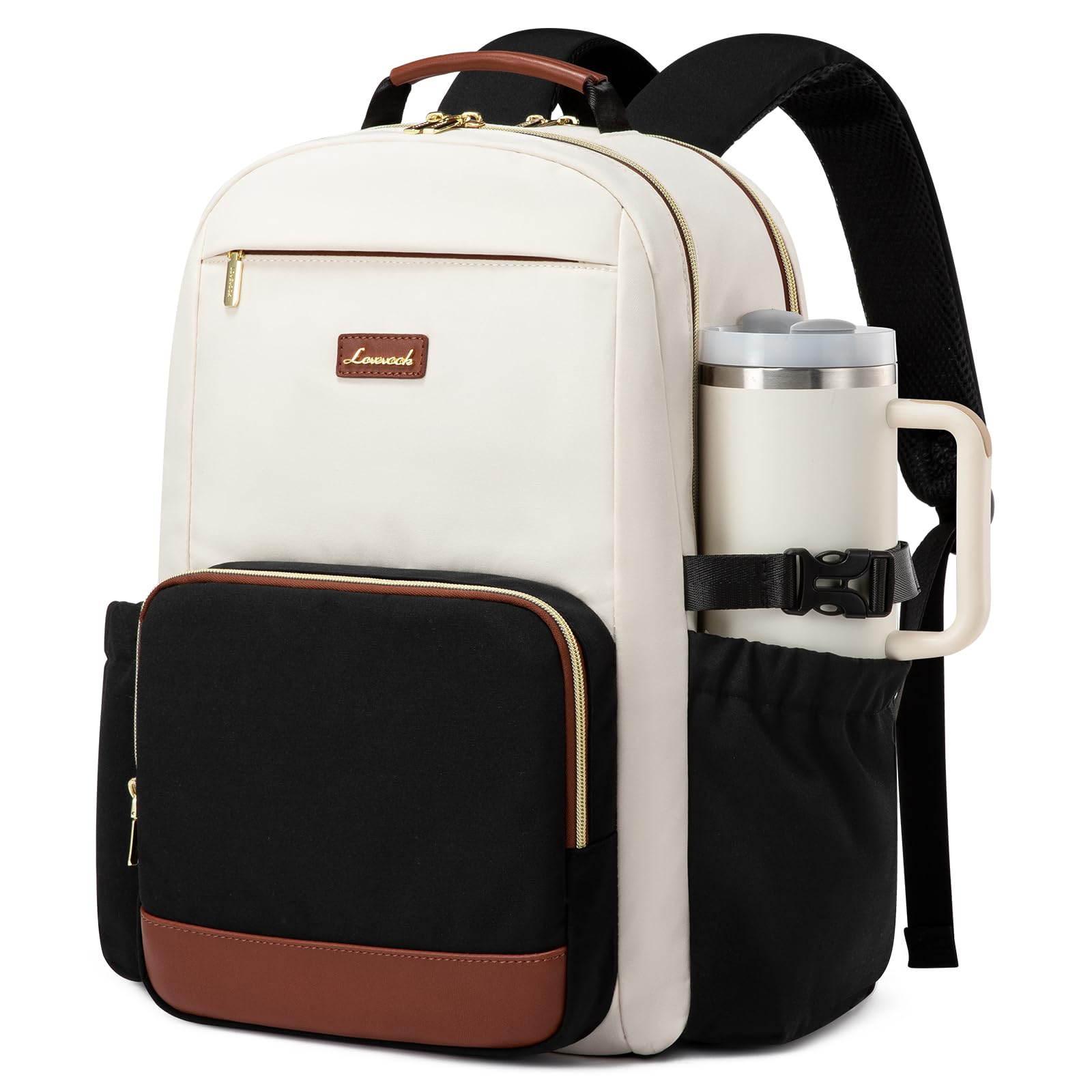 LOVEVOOK Women’s Laptop Backpack with Large Cup Pocket – Waterproof Work & Travel Backpack for 15.6″ Laptop (Beige Black Chestnut Brown)