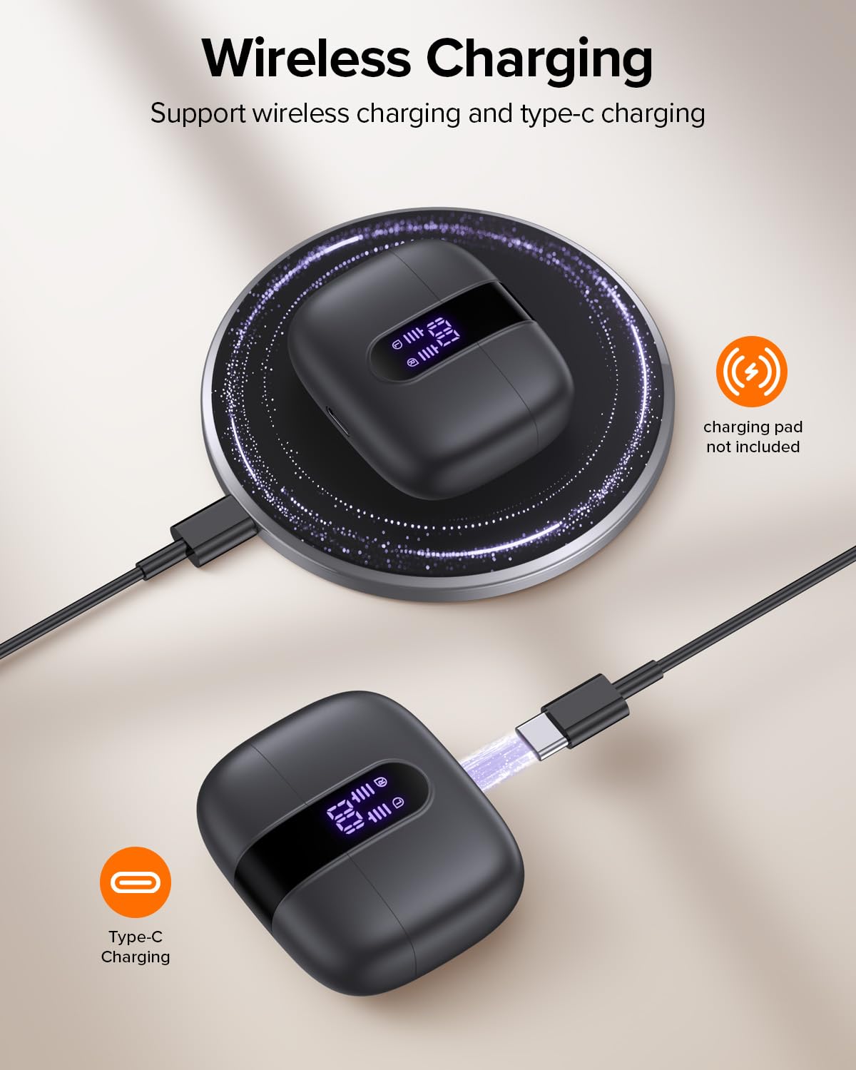 TAGRY X08 Wireless Bluetooth Earbuds with LED Power Display, Wireless Charging Case & 60H Playback – Waterproof Stereo Headphones Black