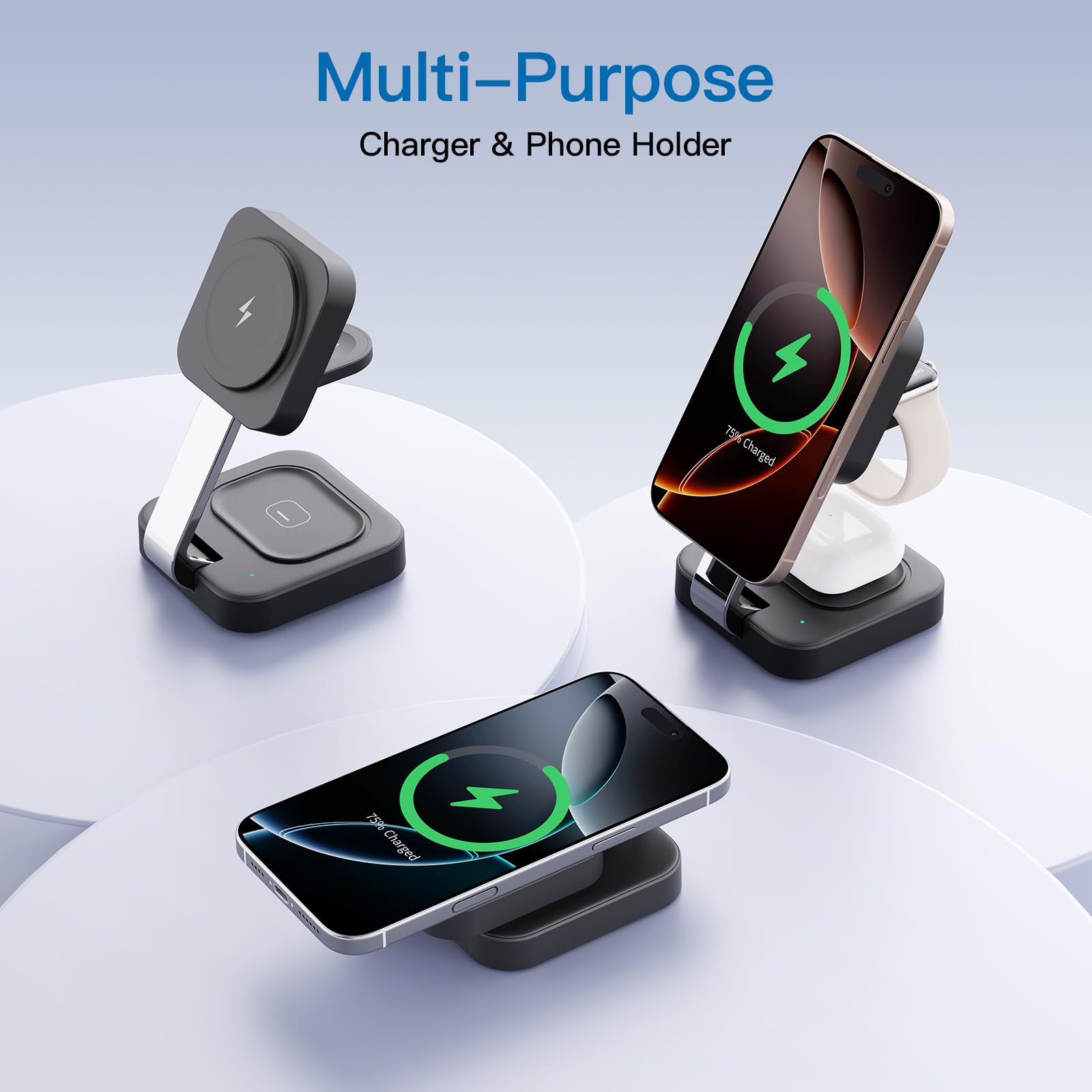 3-in-1 Foldable Magnetic Wireless Charging Station – Fast MagSafe Charger Stand for iPhone, Apple Watch & AirPods Portable Charging Dock