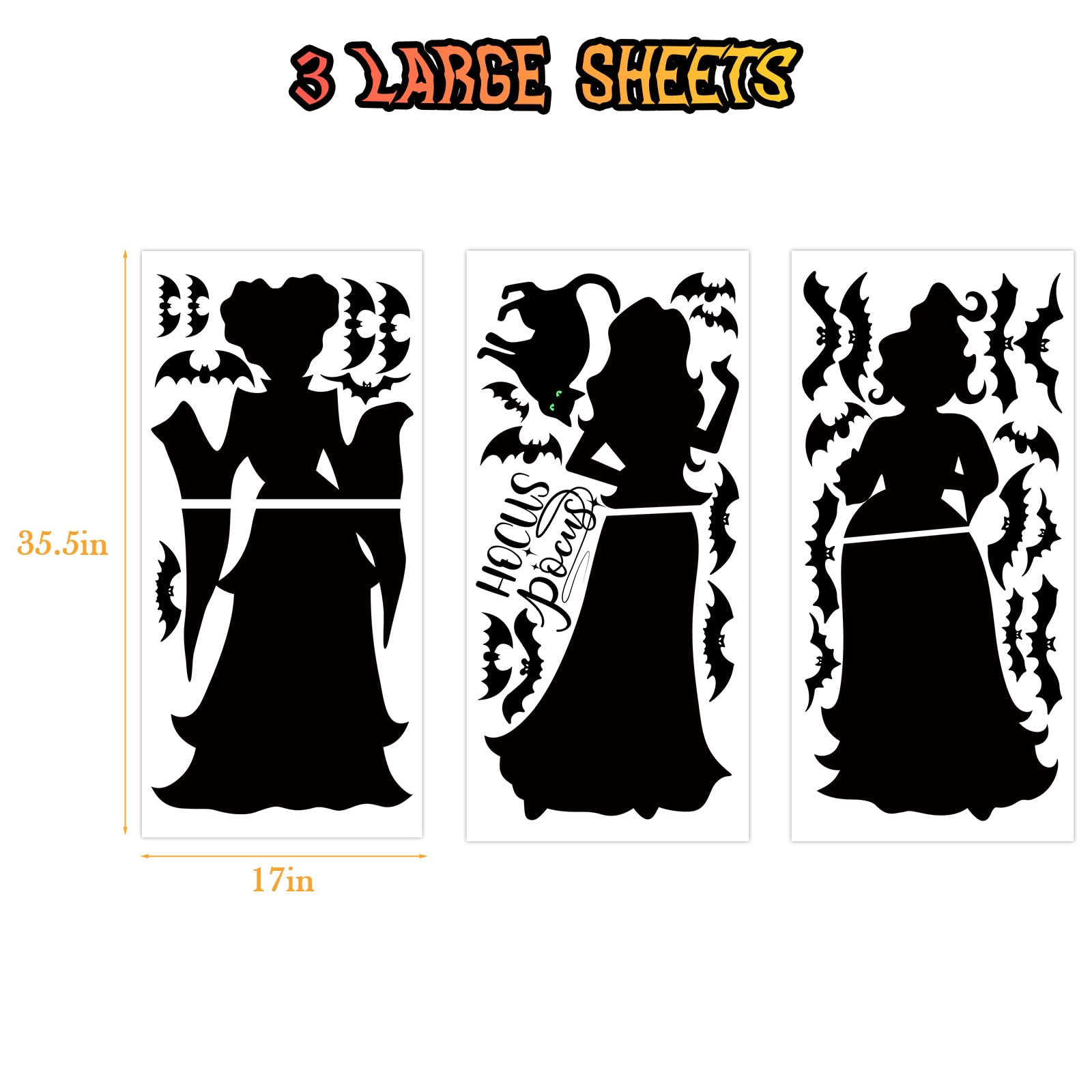 Halloween Window Clings – Extra Large Double-Sided Black Witch & Cat Stickers for Glass & Mirrors