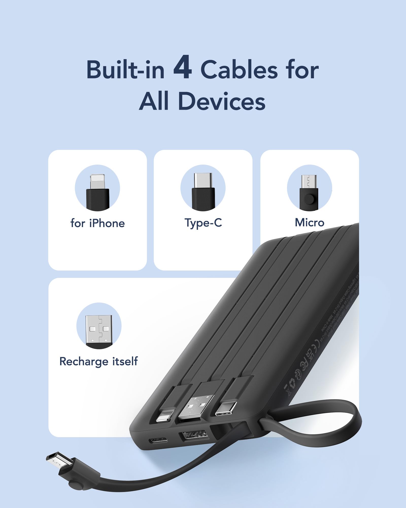 Ultra Slim 10000mAh Power Bank with Built-In Cables & LED Display – Fast Charging Portable Battery Pack (Black)