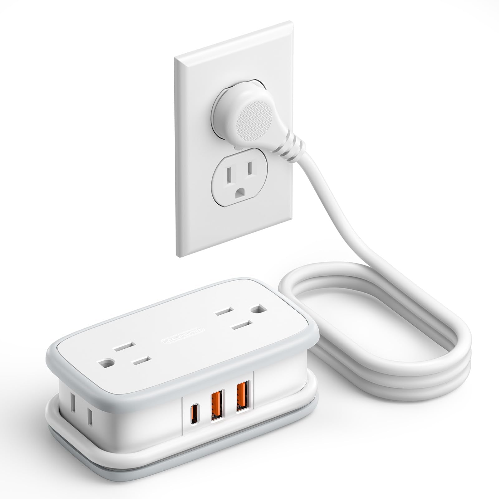 Compact Travel Power Strip with PD 20W USB-C Fast Charging – 7-Device Portable Charger with Flat Plug & Wrap Cord for Hotel, Cruise & Travel