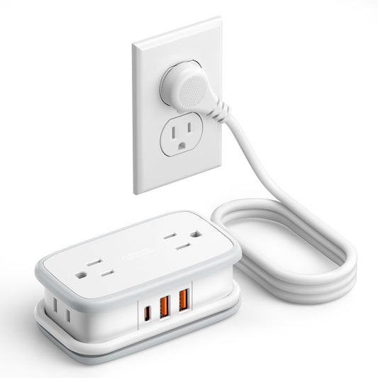 Compact Travel Power Strip with PD 20W USB-C Fast Charging – 7-Device Portable Charger with Flat Plug & Wrap Cord for Hotel, Cruise & Travel