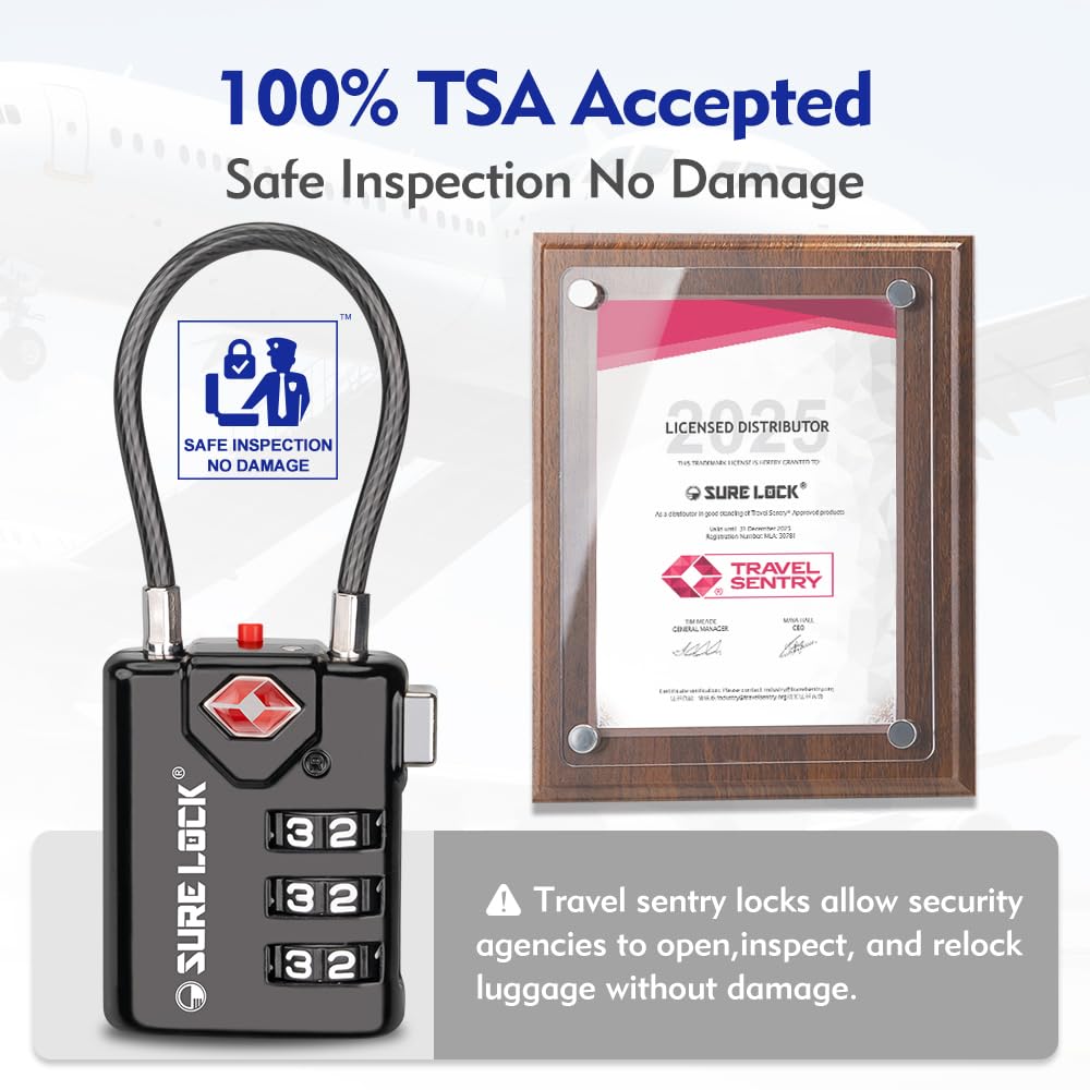 TSA Approved Cable Luggage Locks 2 Pack with Open Alert Indicator, 3 Digit Combination Travel Locks for Suitcases & Backpacks