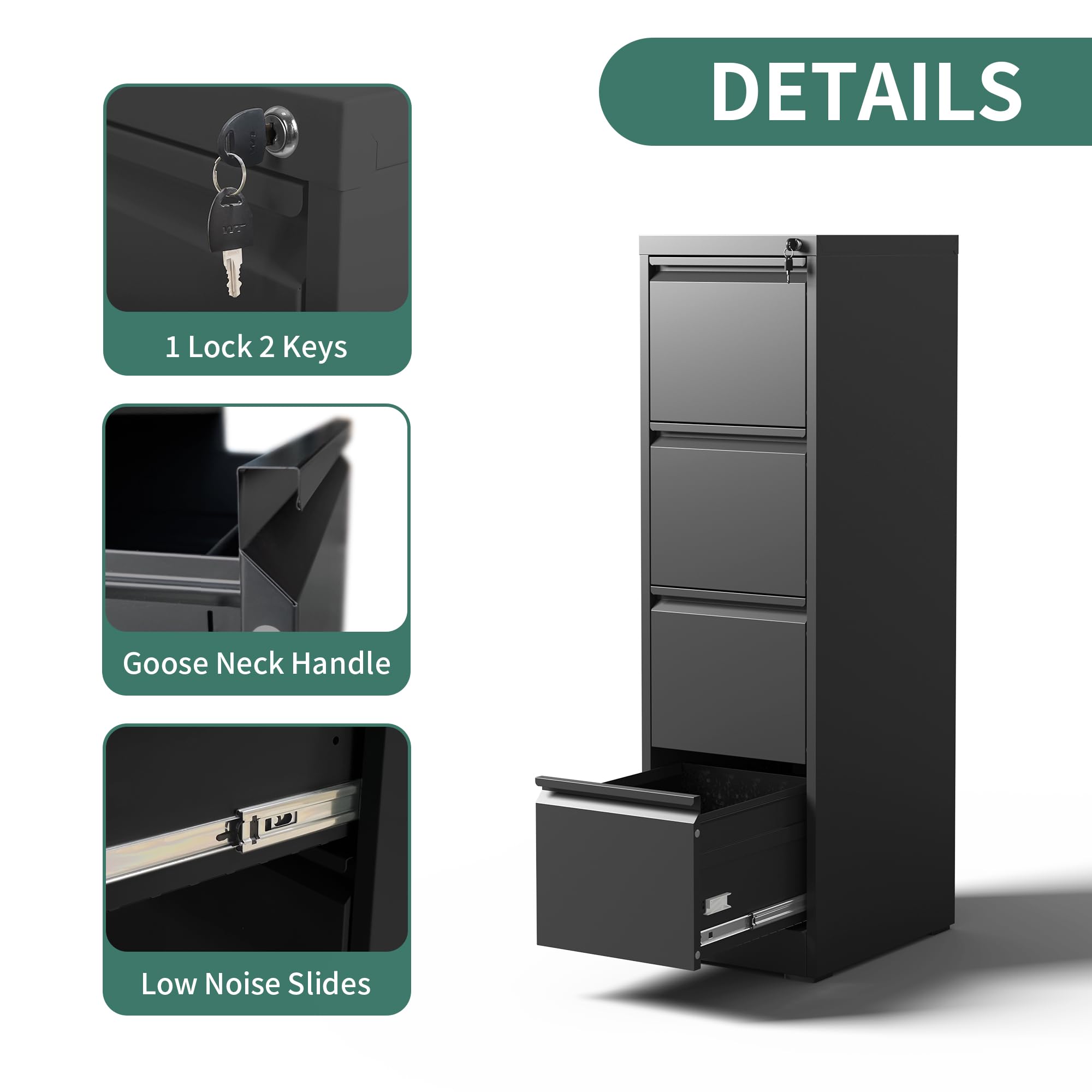 4-Drawer Locking Metal File Cabinet – Vertical Steel Filing Cabinet for Letter & Legal Files, Black