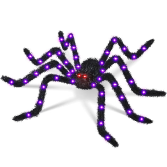 Giant Light-Up Halloween Spider – 59" Black Hairy Spider with 36 LED Purple Lights & Red Eyes