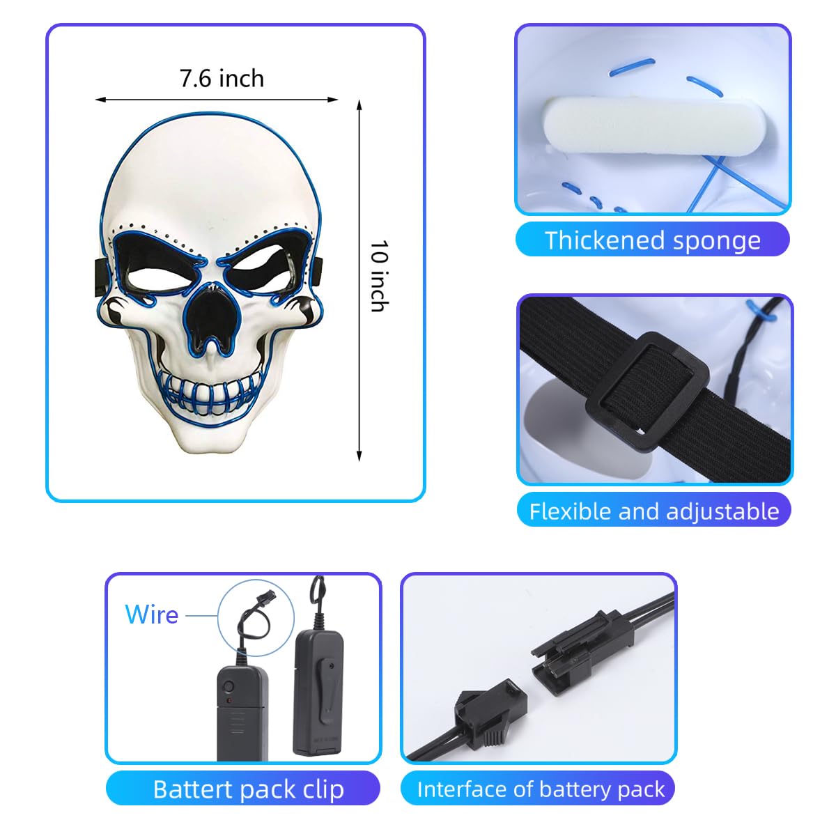 Blue LED Light-Up Skull Mask – Glow Halloween Party Mask for Kids & Adults 💀💙