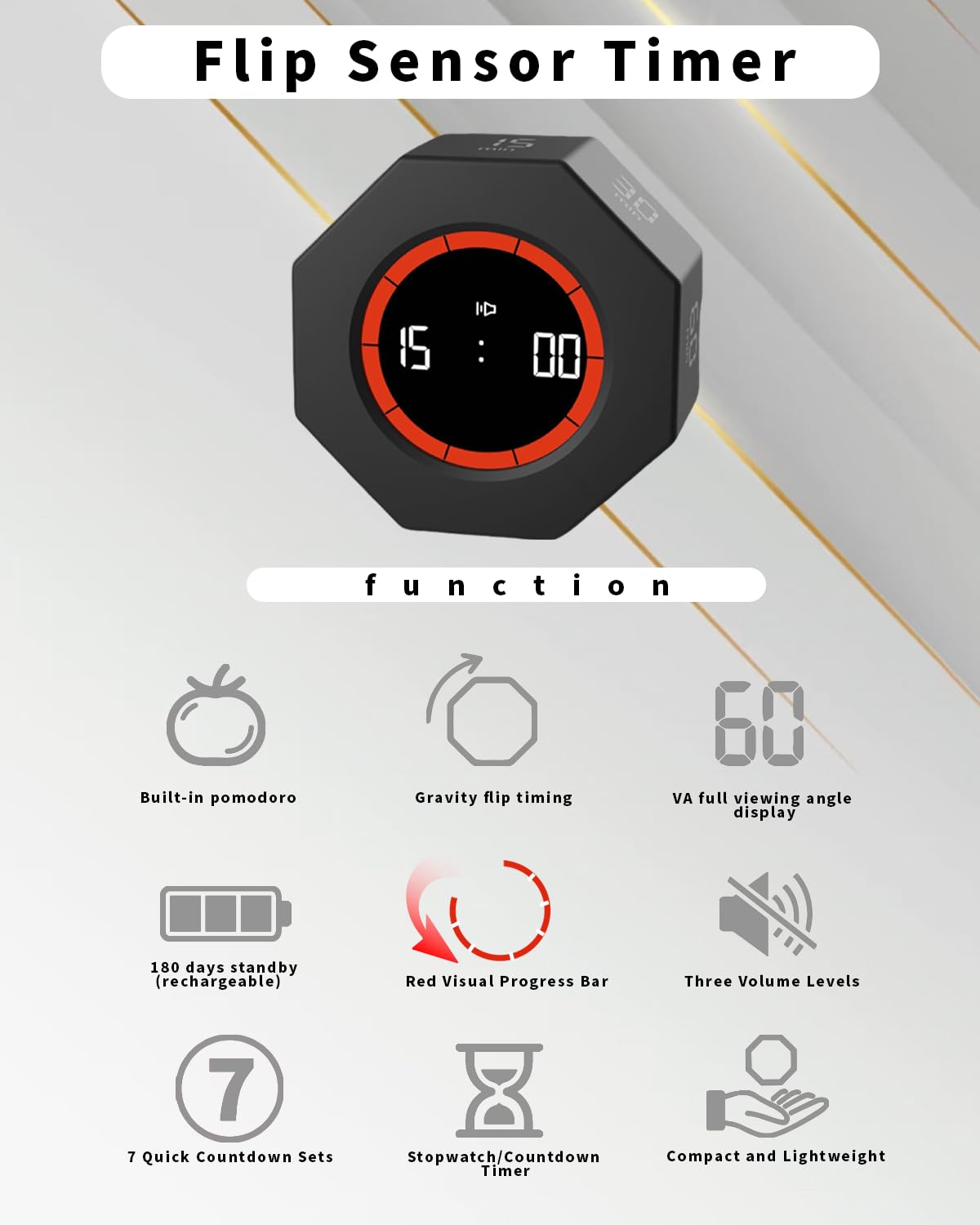 Octagon Pomodoro Timer with Gravity Sensor, Preset 1–90 Min, Pause & Resume, Custom Countdown & Stopwatch, Rechargeable Focus Timer for Work, Study & Kitchen – Black