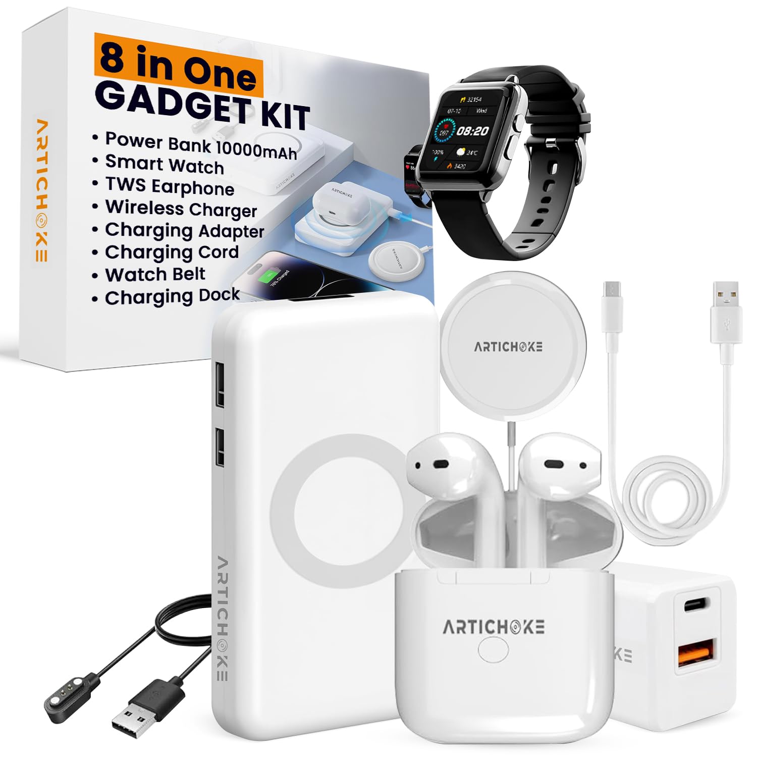 6-in-1 Tech Gift Set with Smartwatch, Magnetic Power Bank & TWS Earbuds – Wireless Charging Gadget Bundle White
