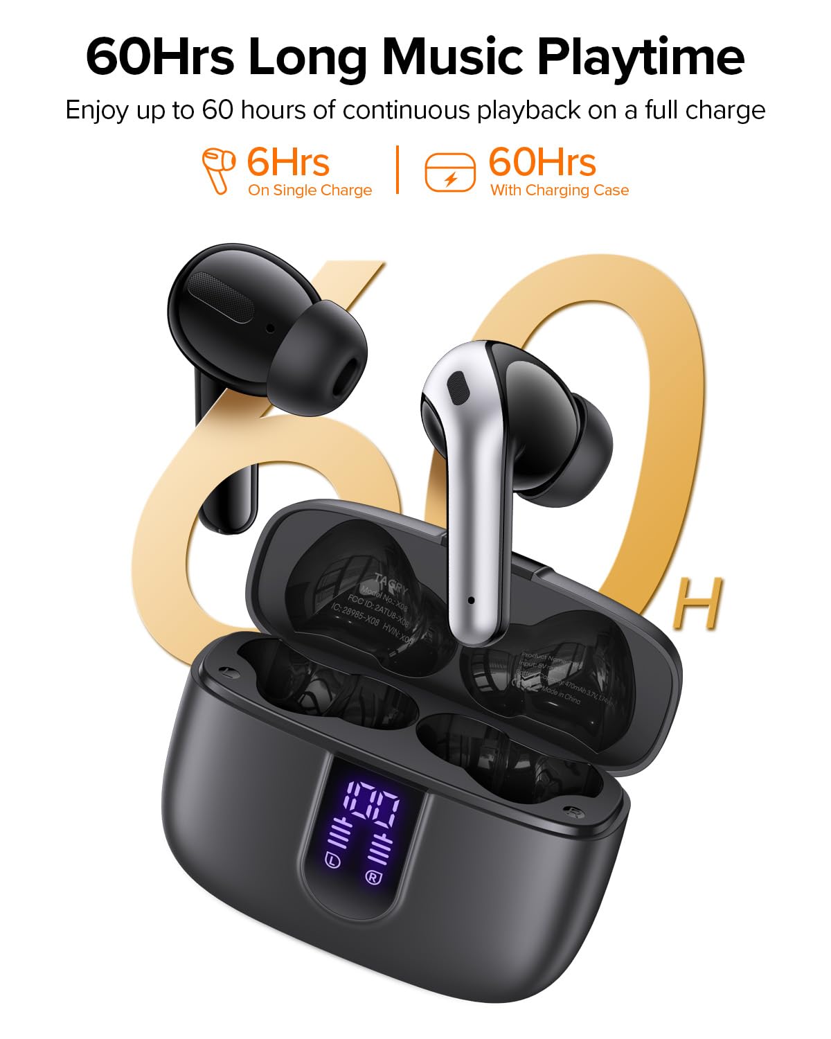 TAGRY X08 Wireless Bluetooth Earbuds with LED Power Display, Wireless Charging Case & 60H Playback – Waterproof Stereo Headphones Black