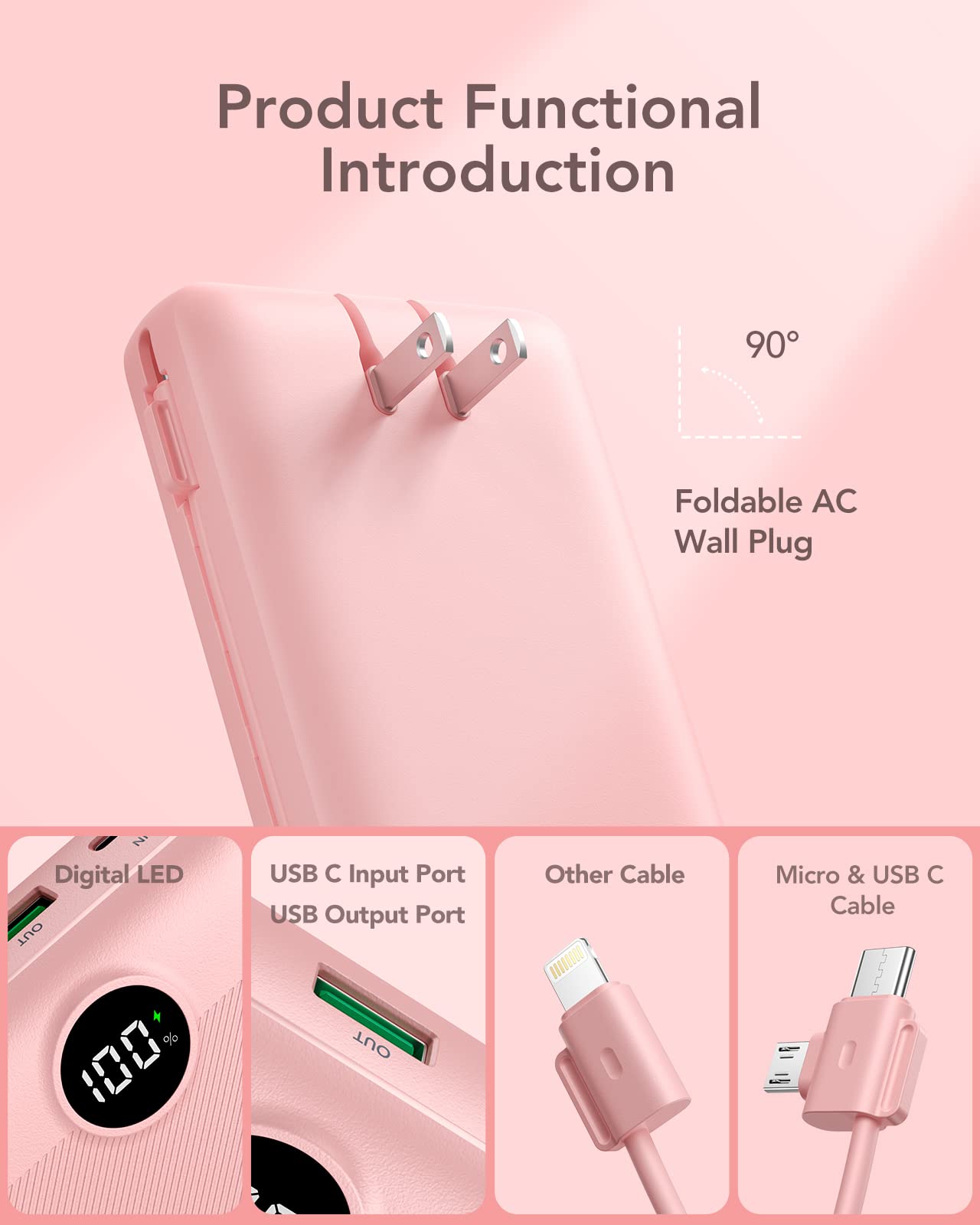 20000mAh Fast Charging Power Bank with Built-In Wall Plug & Cables – 22.5W QC Portable Charger (Pink)