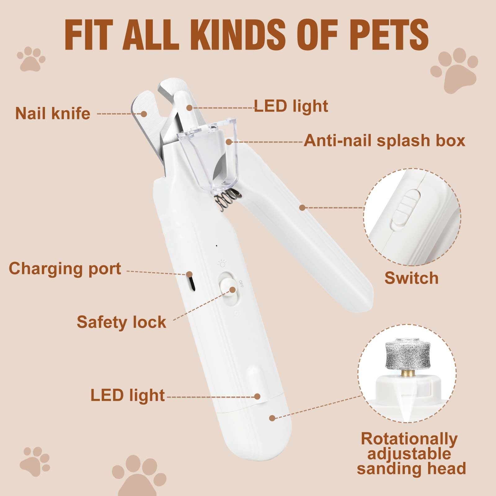 2-in-1 Dog Nail Clipper & Grinder with LED Light – Quiet Type-C Rechargeable Pet Nail Trimmer (Pink)