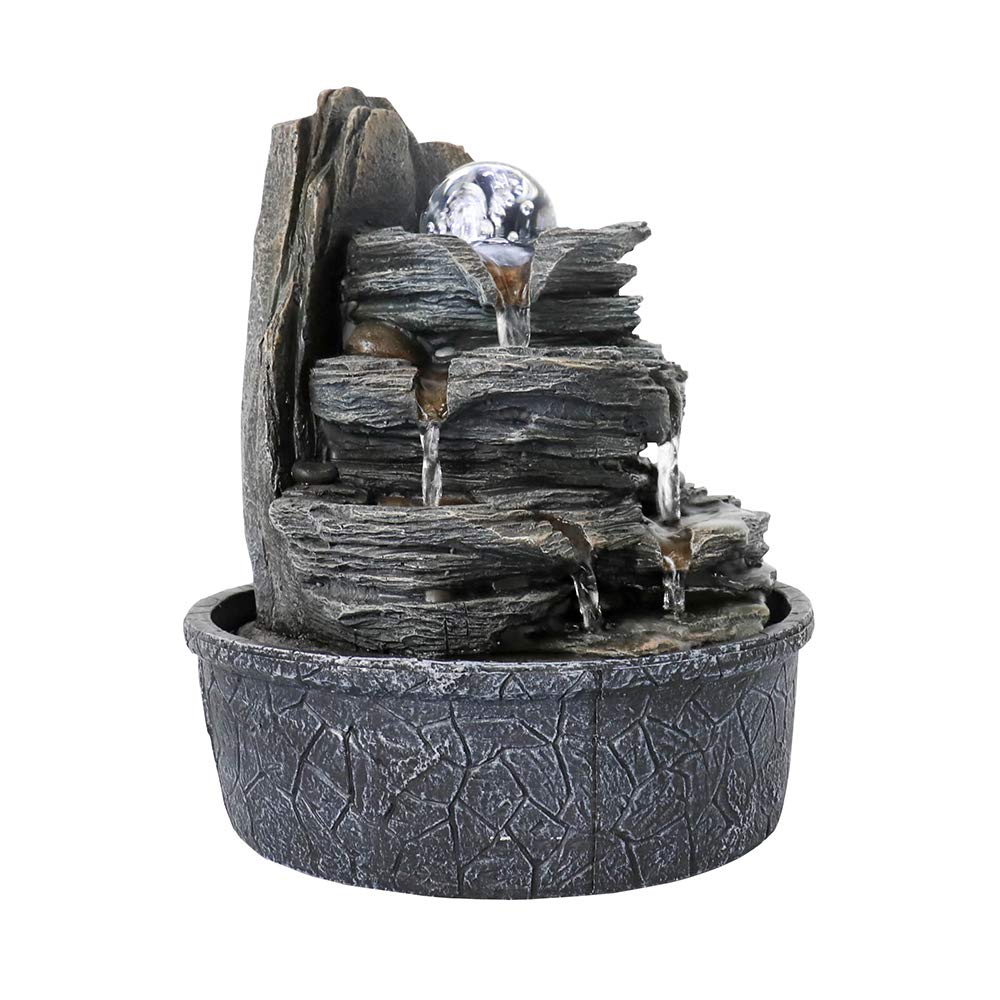 LED Rock Waterfall Table Fountain with Crystal Orb, 4-Tier Indoor Zen Water Feature & Ultra Quiet Pump – 9.8" Decorative Desktop Fountain