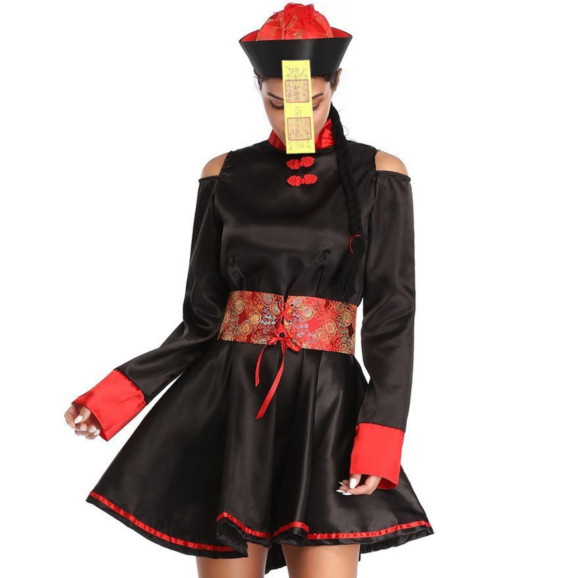 Chinese Zombie Costume for Women – Classic Dynasty-Inspired Halloween Cosplay Set (Robe, Hat, Belt & Rune Strip)
