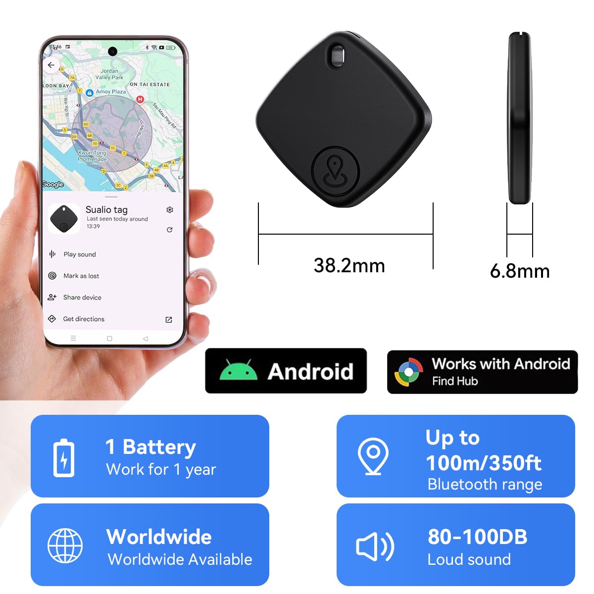 Android Find Hub Bluetooth Tracker Tag 4 Pack, Google Certified Item Finder with Global Tracking and Replaceable Battery