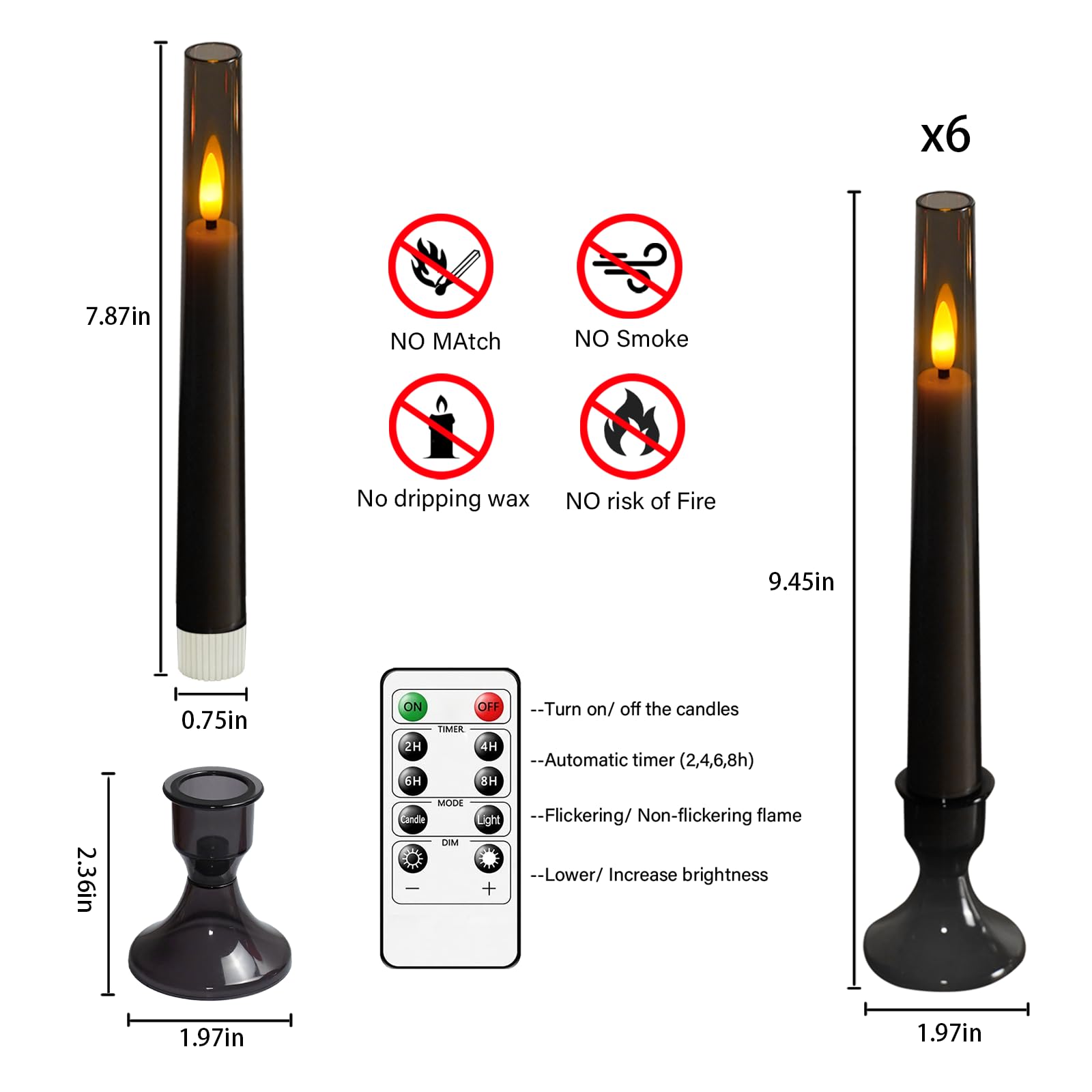 Grey Flameless Taper Candles with Remote – 6-Pack Flickering LED Candles for Weddings, Parties & Home Decor (9.45”)