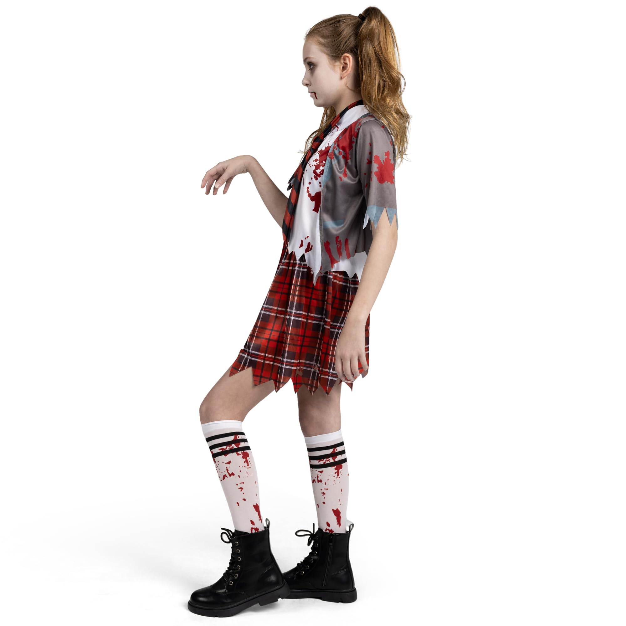 Bloody Zombie Schoolgirl Costume – Gray Jacket, Tie & Skirt with Socks for Halloween 🧟‍♀️