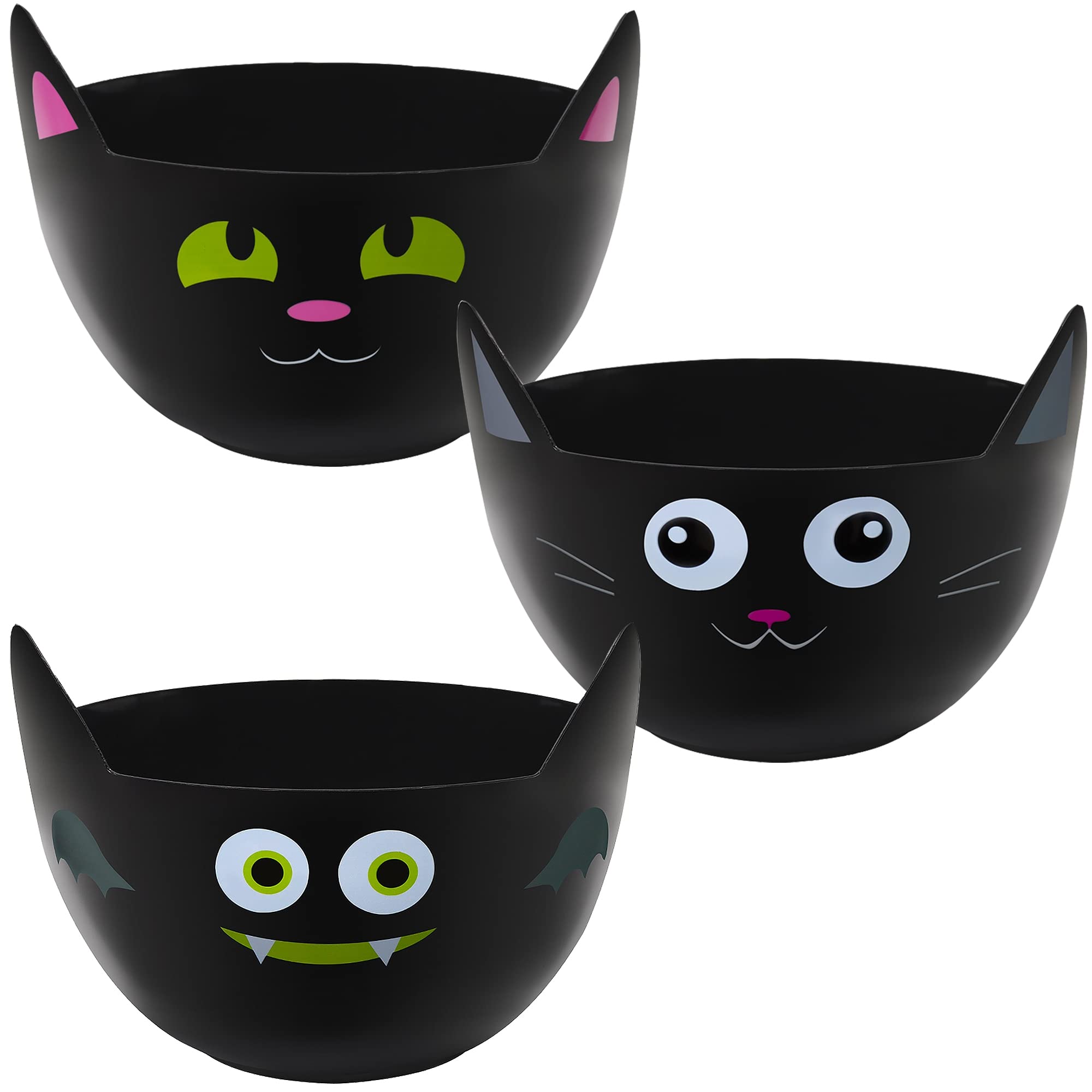 Black Cat Halloween Candy Bowls Set – 3-Pack Plastic Serving Bowls for Trick-or-Treat & Party Snacks (Black, Purple & Orange)