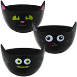 Black Cat Halloween Candy Bowls Set – 3-Pack Plastic Serving Bowls for Trick-or-Treat & Party Snacks (Black, Purple & Orange)