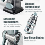 Rotary Cheese Grater with Handle – 3 Interchangeable Blades, Safe & Hands-Free Shredder