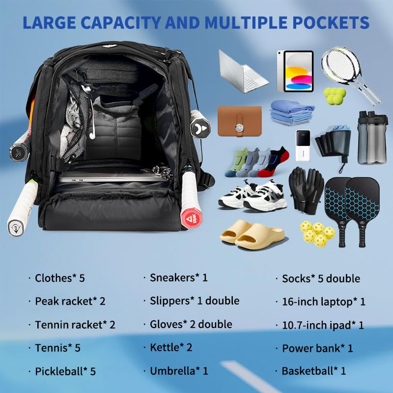 GEMGOAL Extra Large Pickleball Backpack for 4 Rackets with Shoe Compartment & Fence Hook – 52L – Black