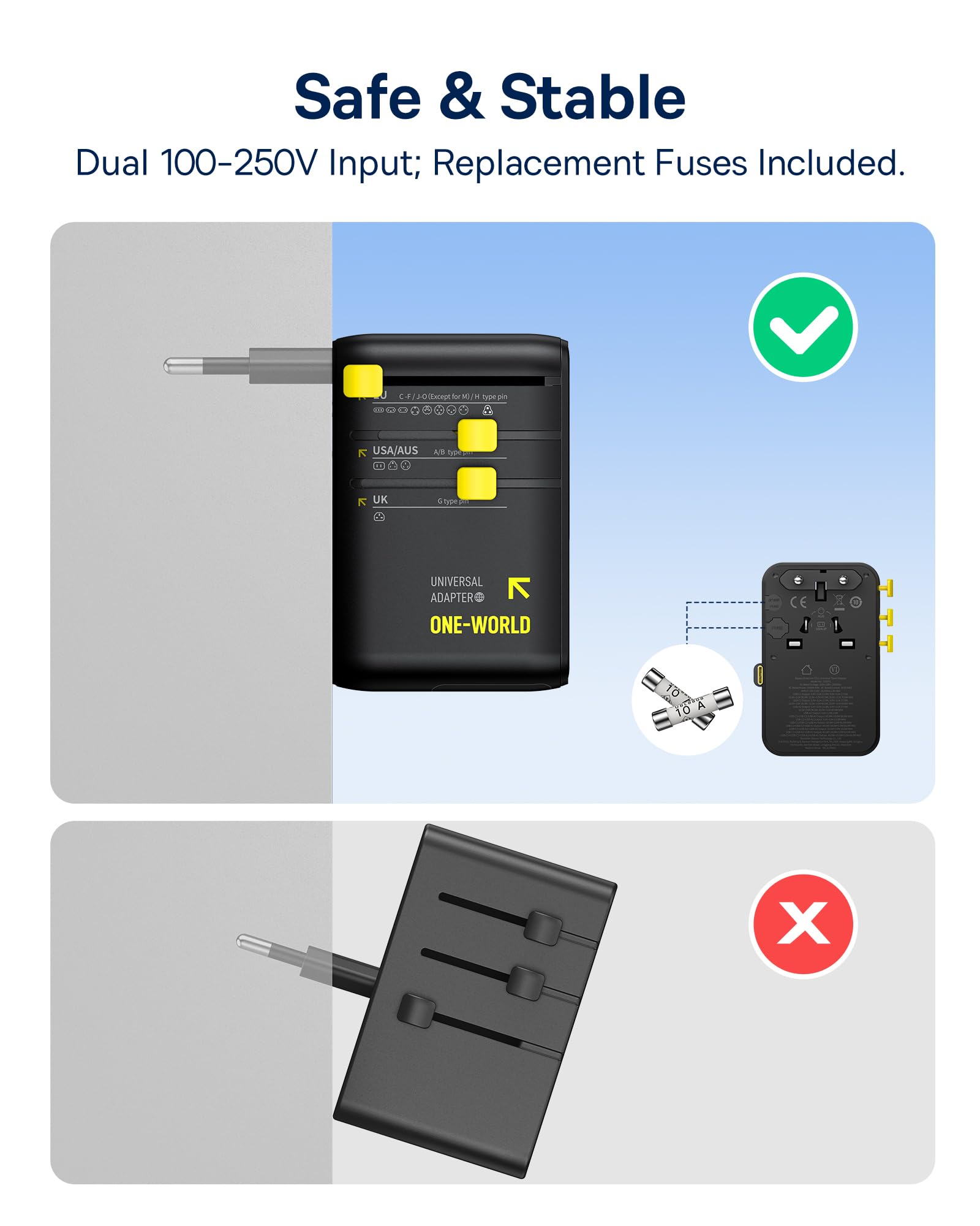 Baseus 70W Universal Travel Adapter – 6-in-1 Worldwide Charger with Retractable USB-C Cable (Black)