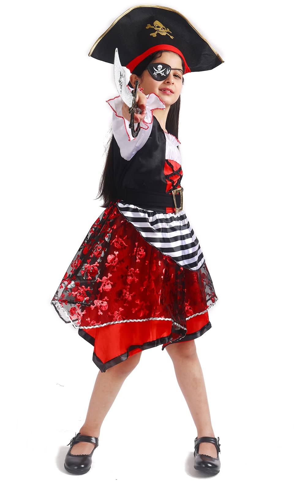 Girls Pirate Princess Costume – Red & Black Halloween Dress with Eye Patch, Coin Pouch and Pirate Accessories