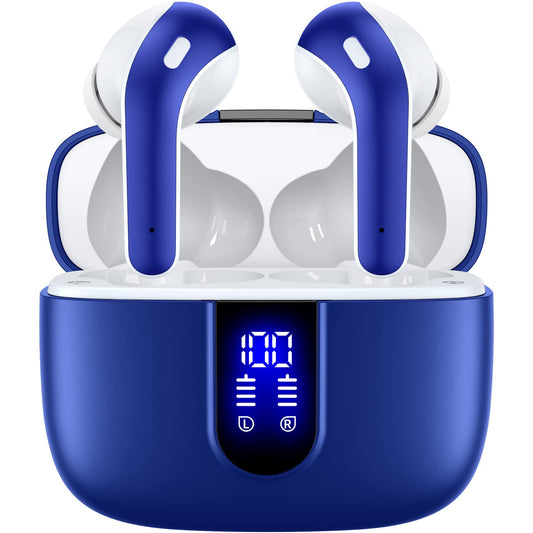 TAGRY X08 Wireless Bluetooth Earbuds Ocean Blue with LED Power Display, Wireless Charging Case & 60H Playback – Waterproof Stereo Headphones